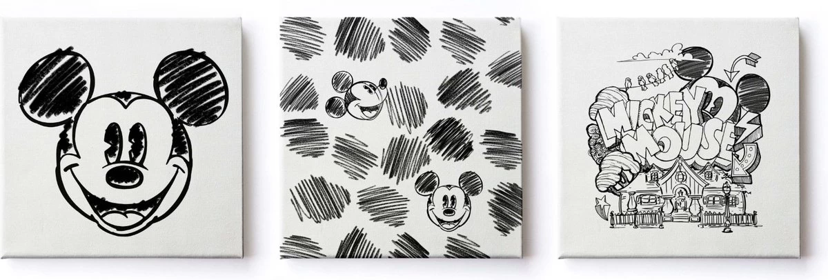 Disney - Canvas Set Van 3 - Mickey Mouse Sketch - 3x 30x30cm 1 Disney - Canvas Set Van 3 - Mickey Mouse Sketch - 3x 30x30cm